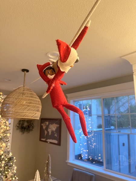 elf on the shelf idea - elves climbing on rope