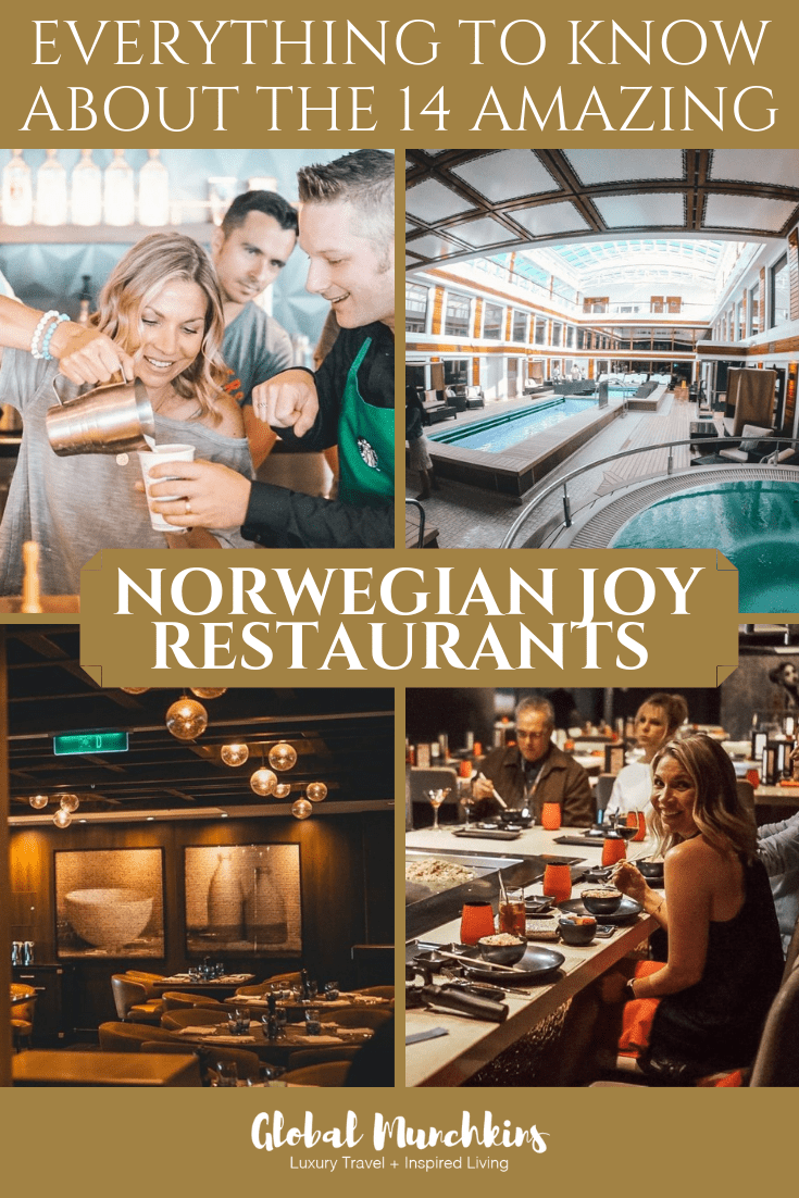 14 Amazing Norwegian Joy Restaurants- Everything You Need to Know 15 We all remember the days of camper style dining on Cruise ships where you were sat down at the same dinner table with strangers or ate at standard buffets with little variety. In those days the experience felt more like being shepherded like children into a cafeteria. This is no longer the case on many cruises, and the Norwegian Joy is home to so many incredible restaurants. We explored as many of the 14 Norwegian Joy Restaurants as possible. Check them out! #cruise #NCL #cruiseships #traveltips